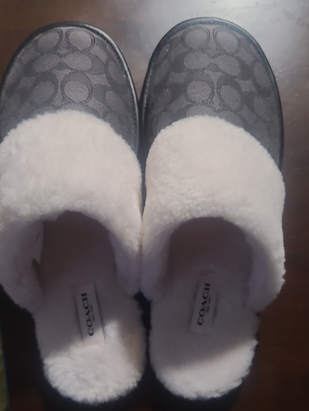 Coach Black Monogram Slip-On Slippers with Cream Shearling